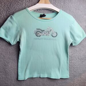 Vintage Women's Harley Davidson Tee Shirt Rhinestone Size L Blue Green Las Vegas